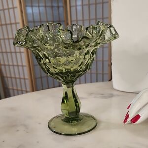 Vintage | Fenton Green Glass Thumbprint Ruffled Edge Bowl Compote